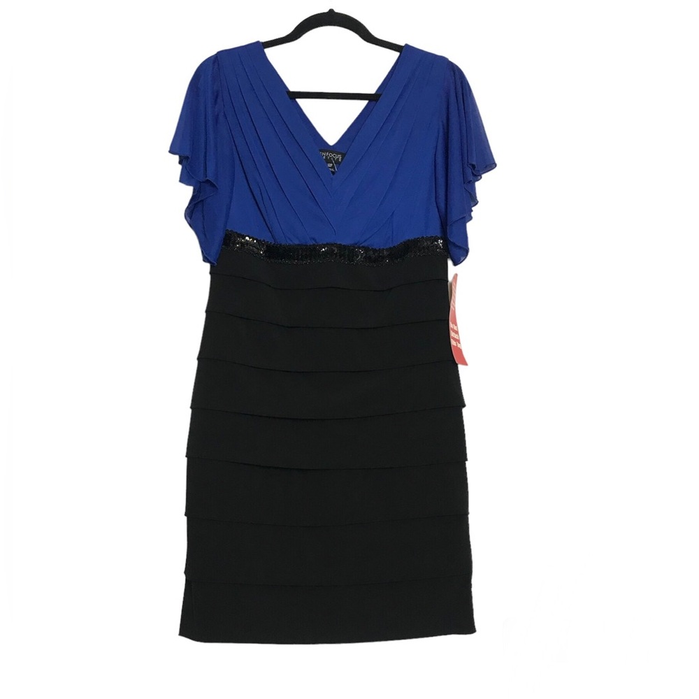 Enfocus Y2K Black Blue Sheer Sequins Babydoll Tiered Dress Size 12P Fairy Event